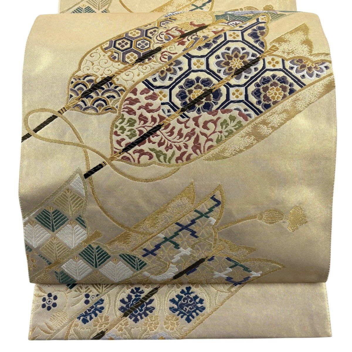 【美品】 袋帶 秀品級 古都的絲季 矢羽根 蜀江華紋 金絲 金金箔 金色 六通 純蠶絲