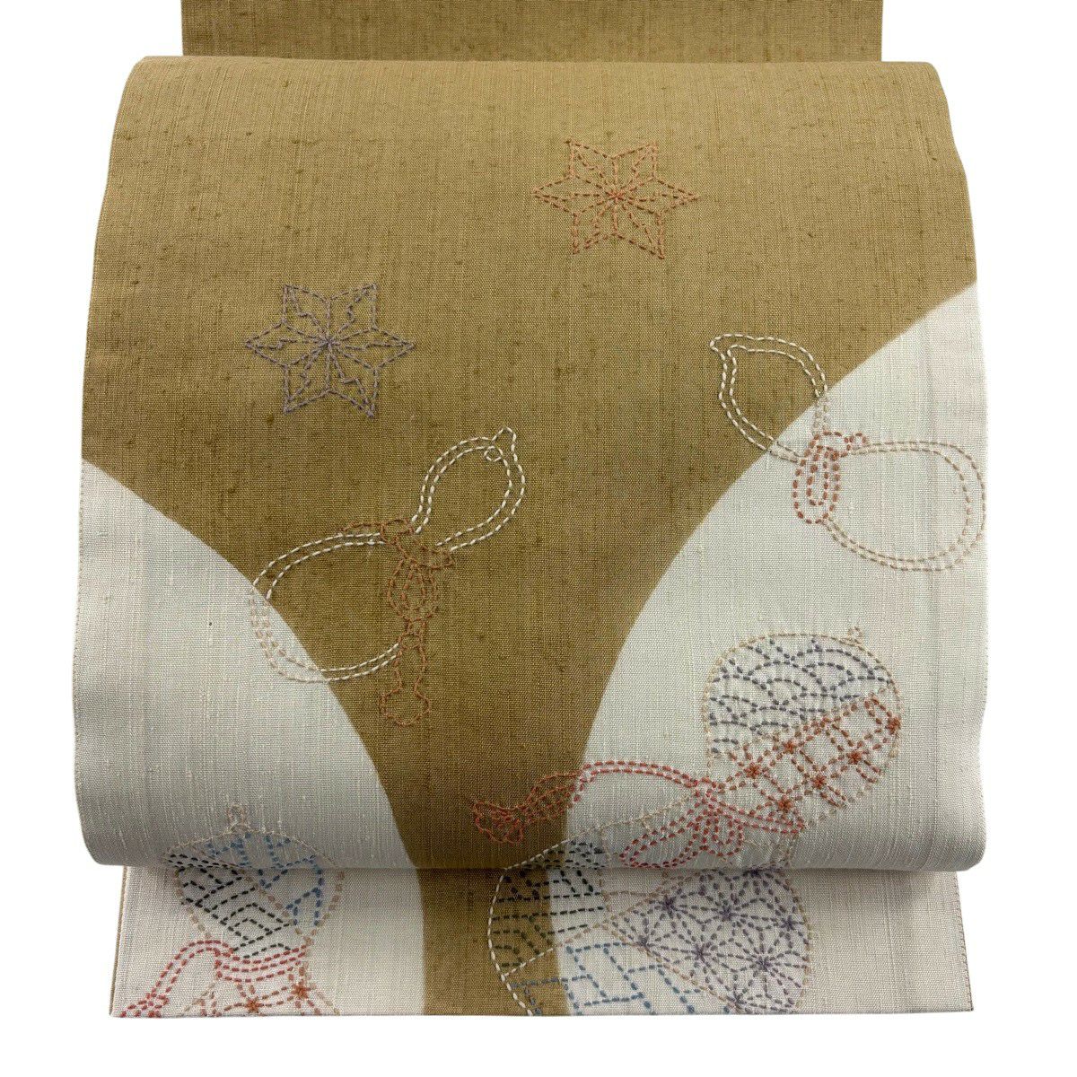【美品】 袋帶 秀品級 瓢箪 紅葉 刺繡 紬織織 黃土色 大鼓圖案 純蠶絲