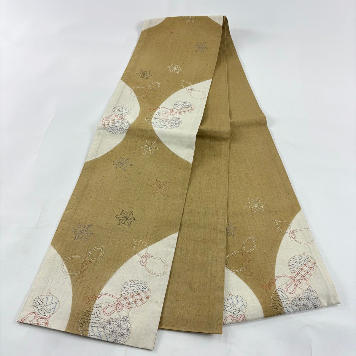 【美品】 袋帶 秀品級 瓢箪 紅葉 刺繡 紬織織 黃土色 大鼓圖案 純蠶絲
