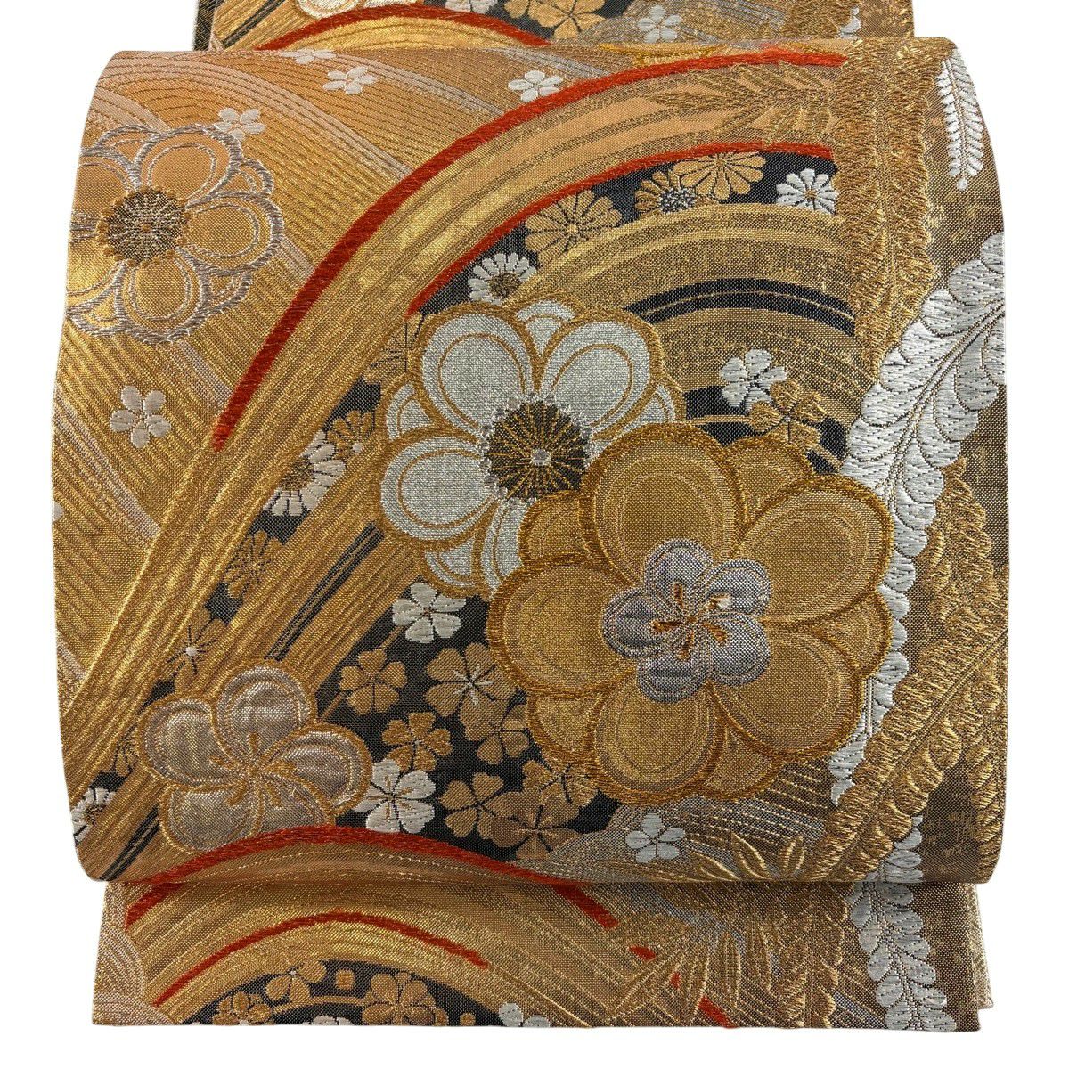 【美品】 袋帶 秀品級 振袖禮服禮服用 梅花 波 金銀絲 金金箔 金色 六通 純蠶絲