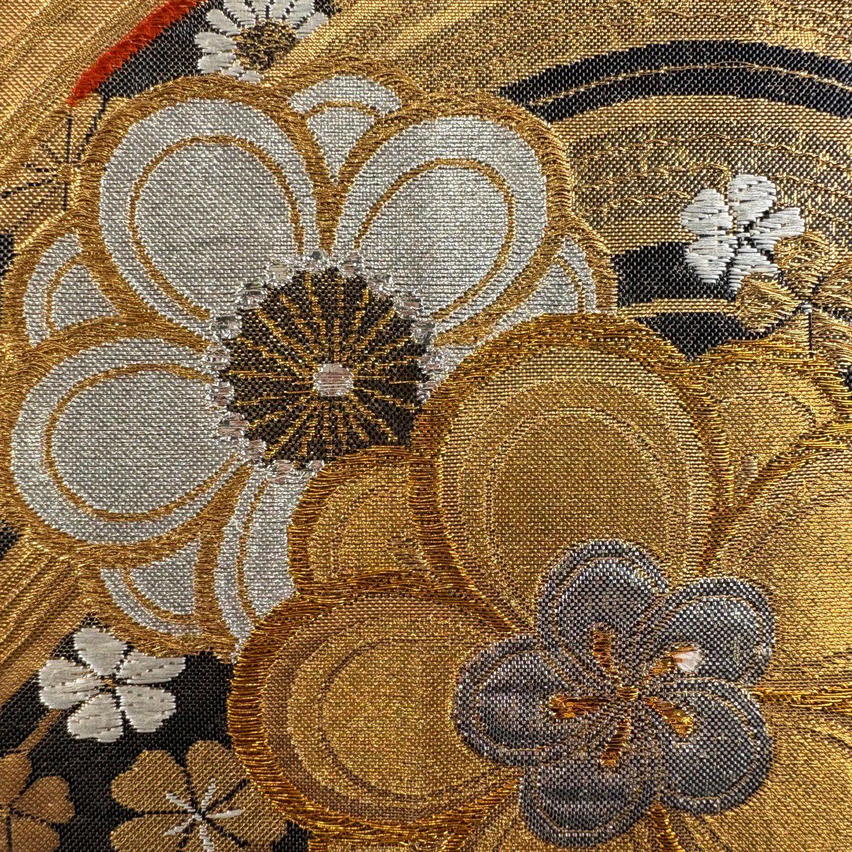 【美品】 袋帶 秀品級 振袖禮服禮服用 梅花 波 金銀絲 金金箔 金色 六通 純蠶絲