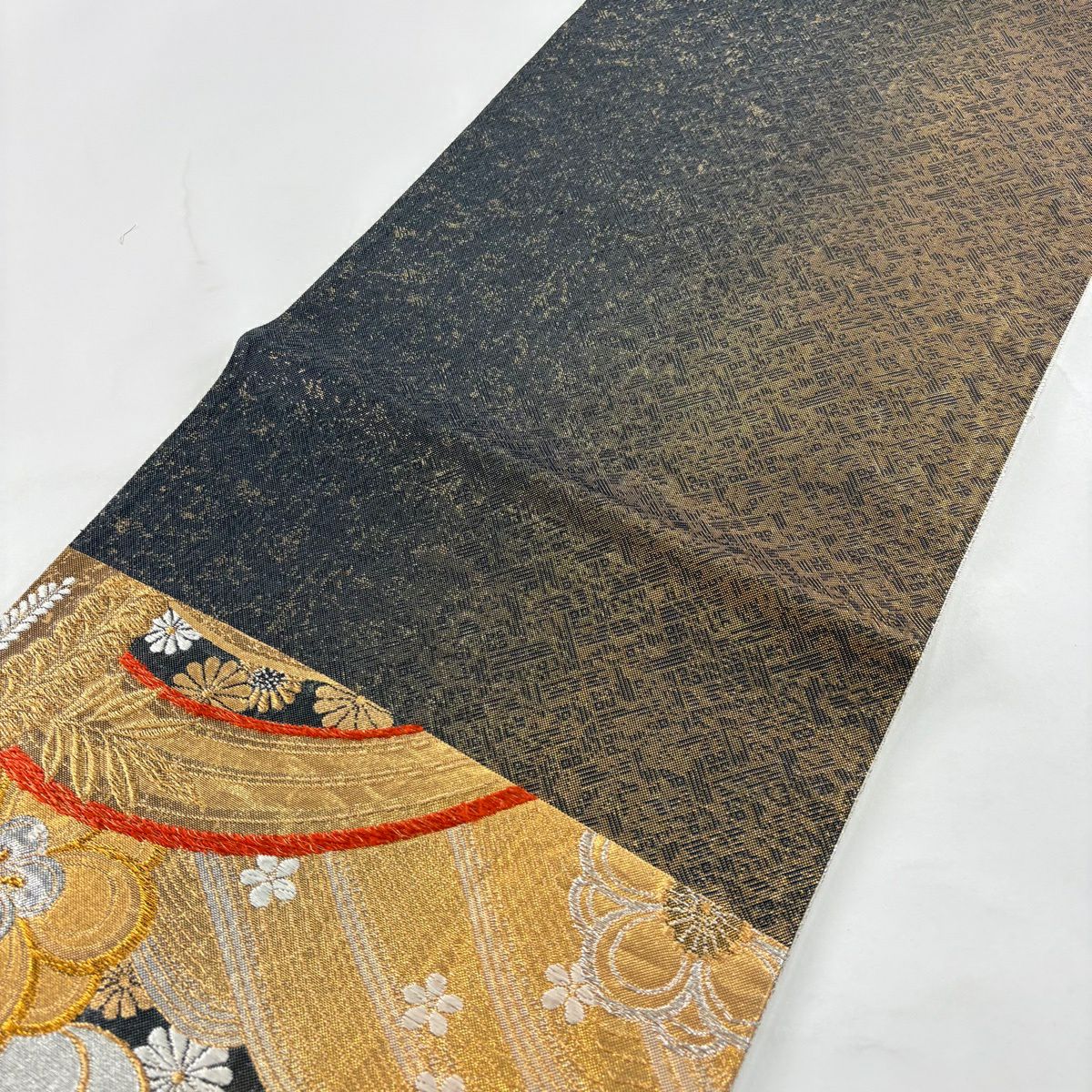 【美品】 袋帶 秀品級 振袖禮服禮服用 梅花 波 金銀絲 金金箔 金色 六通 純蠶絲