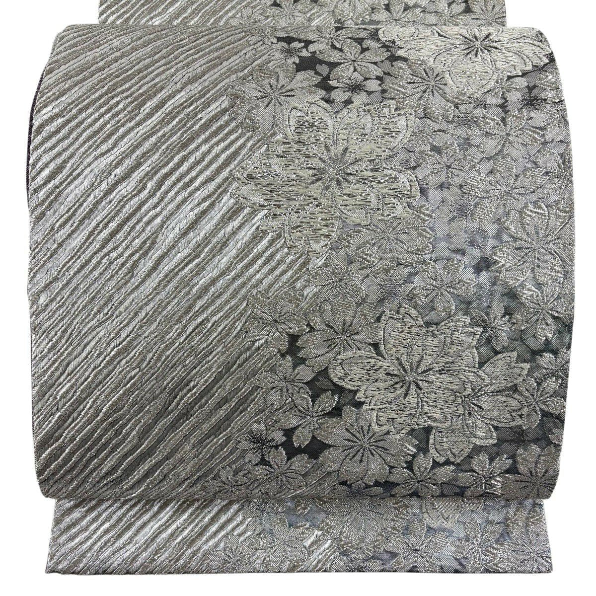 【美品】 袋帶 秀品級 振袖禮服禮服用 櫻花 斜紋 銀線 金金箔 銀 六通 純蠶絲
