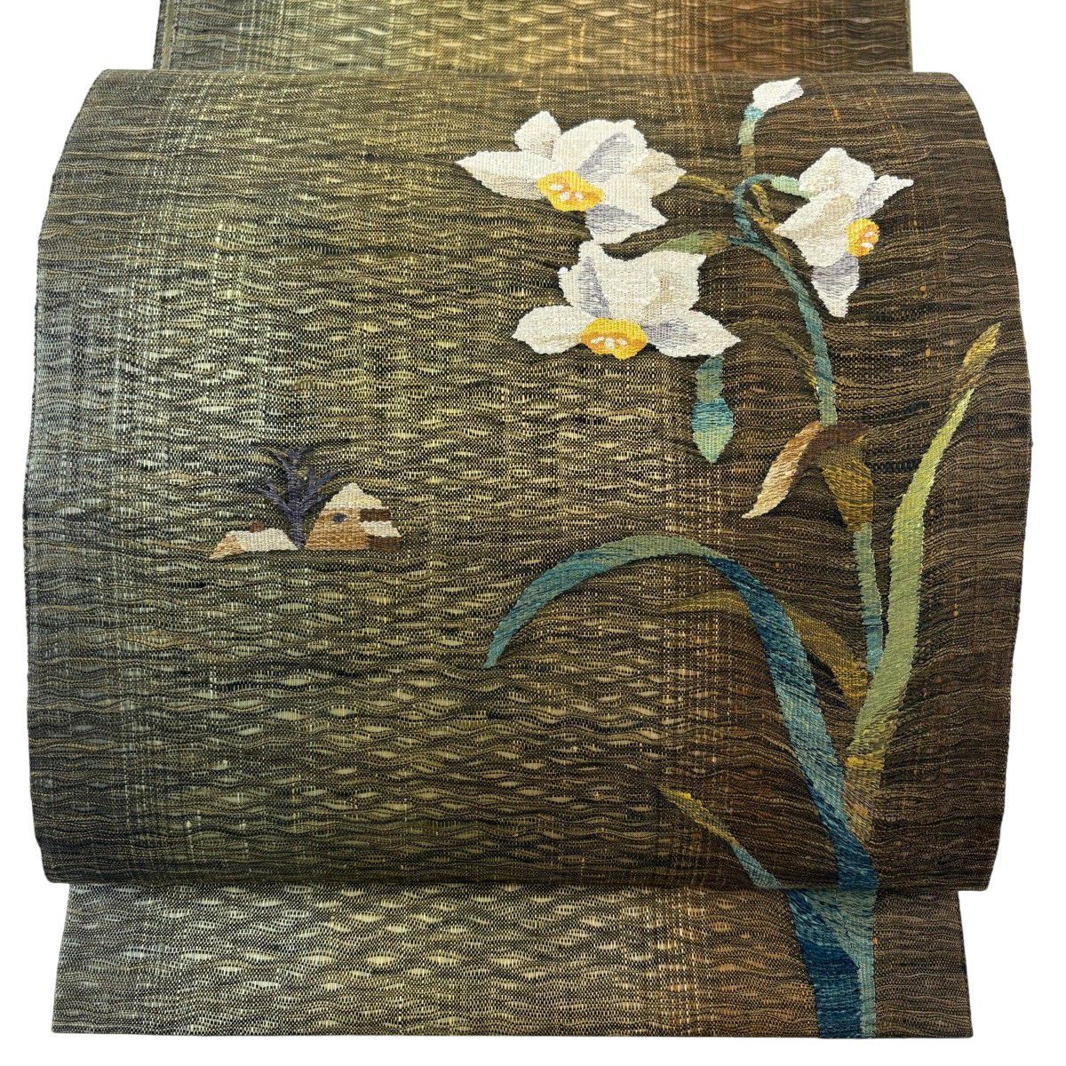 【美品】 袋帶 秀品級 水仙 銀線 茶綠 お太鼓圖案 純蠶絲