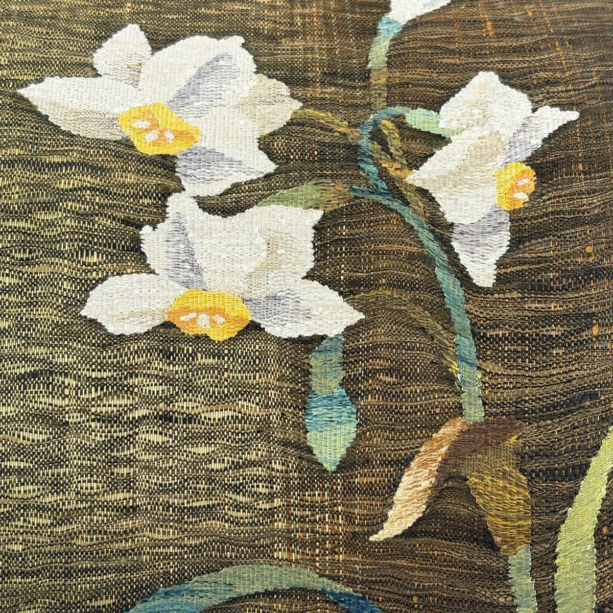 【美品】 袋帶 秀品級 水仙 銀線 茶綠 お太鼓圖案 純蠶絲