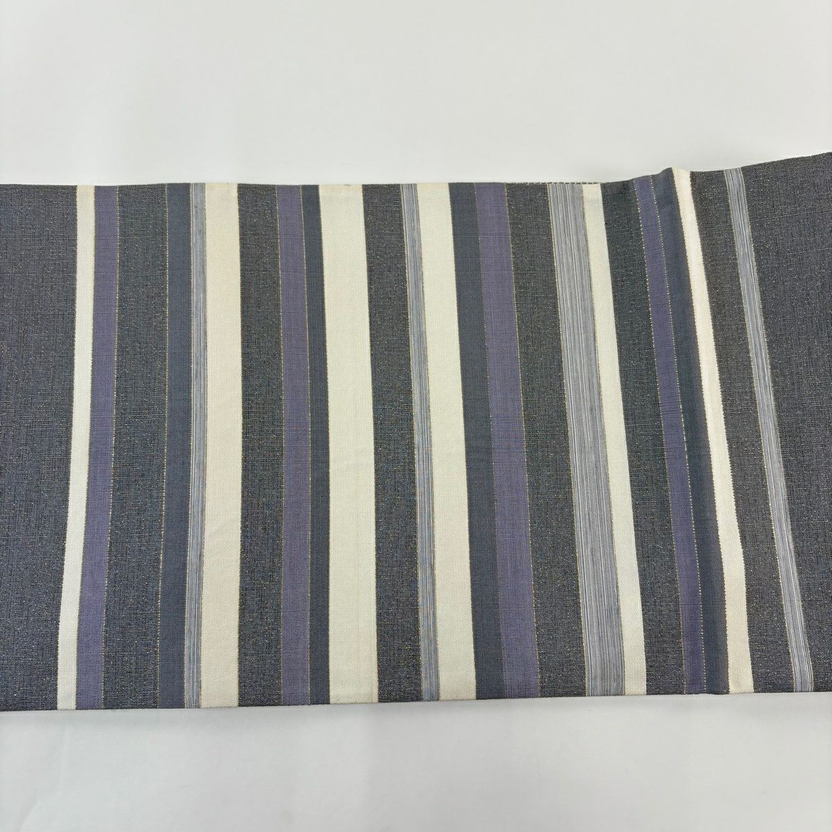 【美品】 袋帶 秀品級 縞 金絲 灰色 大鼓圖案 純蠶絲