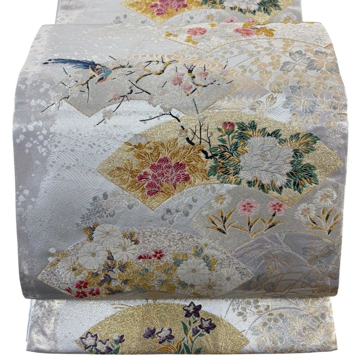 袋帶 秀品級 扇子面 花鳥 金銀絲 金金箔 銀 六通 純蠶絲