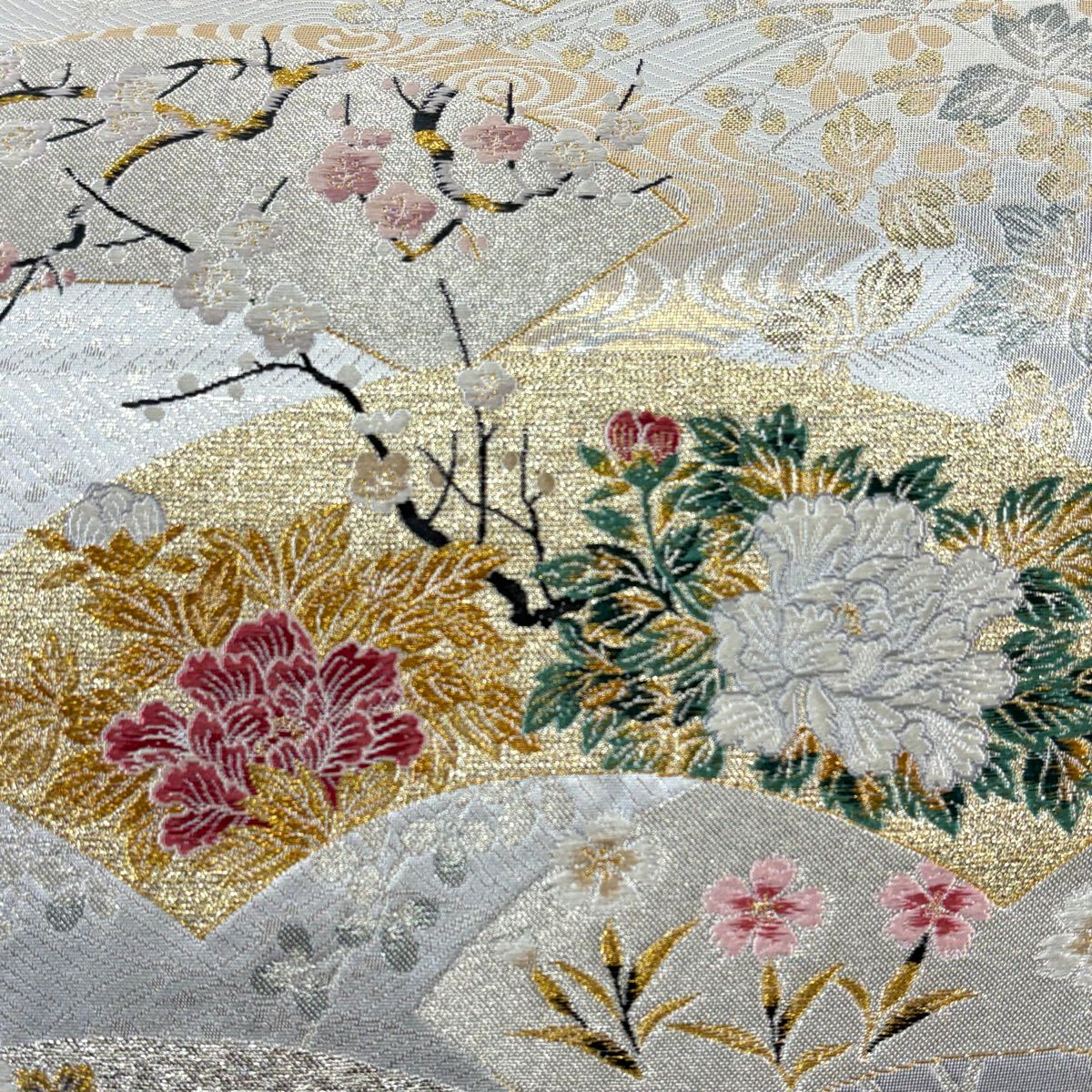 袋帶 秀品級 扇子面 花鳥 金銀絲 金金箔 銀 六通 純蠶絲