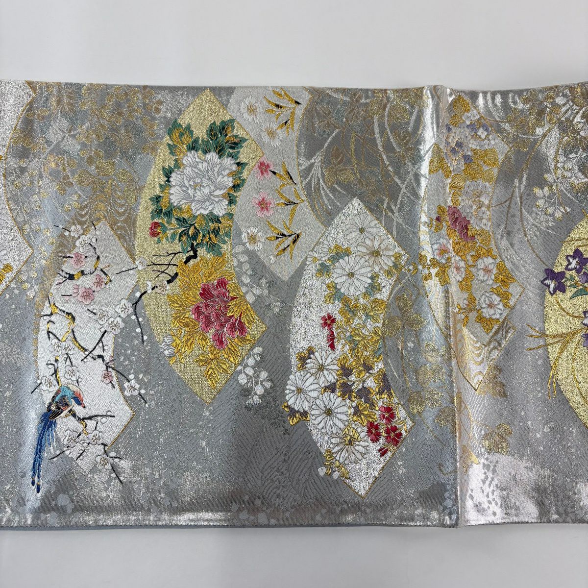袋帶 秀品級 扇子面 花鳥 金銀絲 金金箔 銀 六通 純蠶絲
