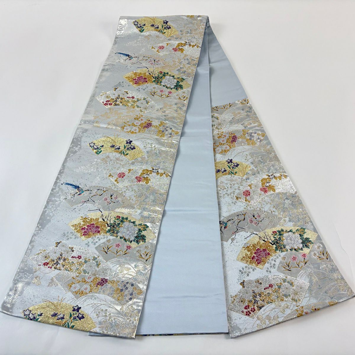 袋帶 秀品級 扇子面 花鳥 金銀絲 金金箔 銀 六通 純蠶絲