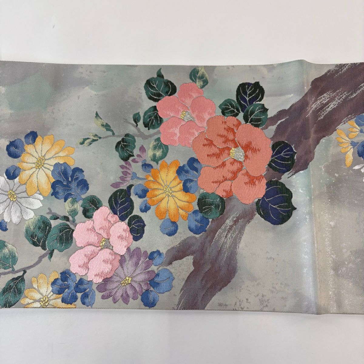 袋帶 秀品級 關西仕立 椿 菊花 金銀彩 青灰 六通 純蠶絲