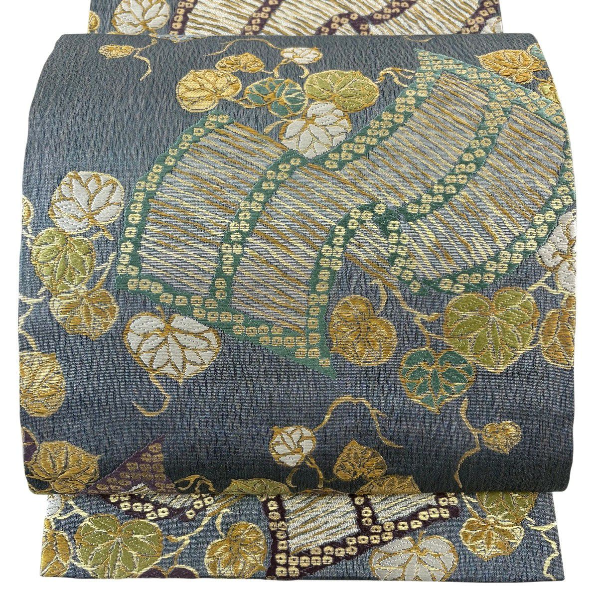【美品】 袋帶 秀品級 王朝葵紋 金金箔 金絲 青灰 六通 純蠶絲