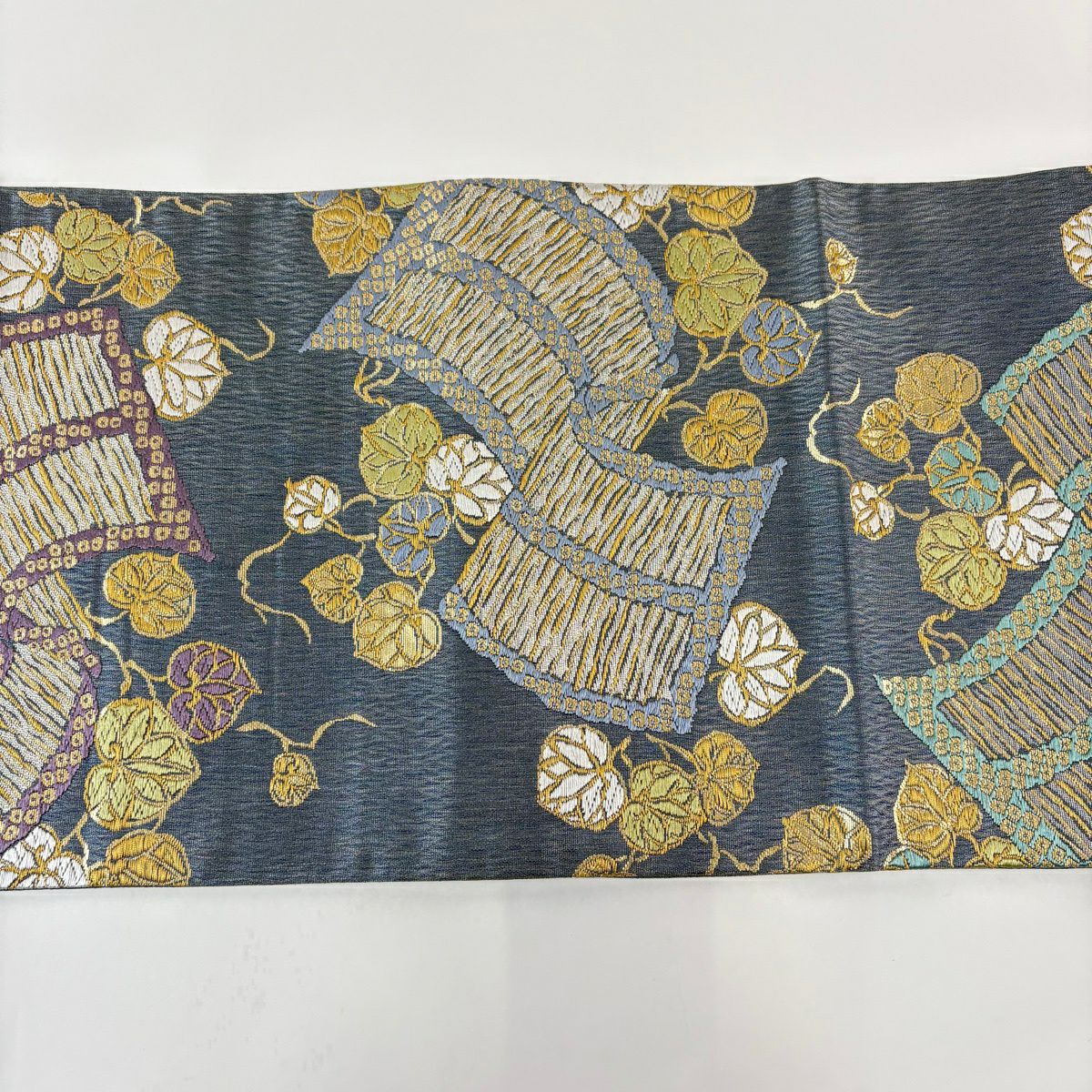 【美品】 袋帶 秀品級 王朝葵紋 金金箔 金絲 青灰 六通 純蠶絲