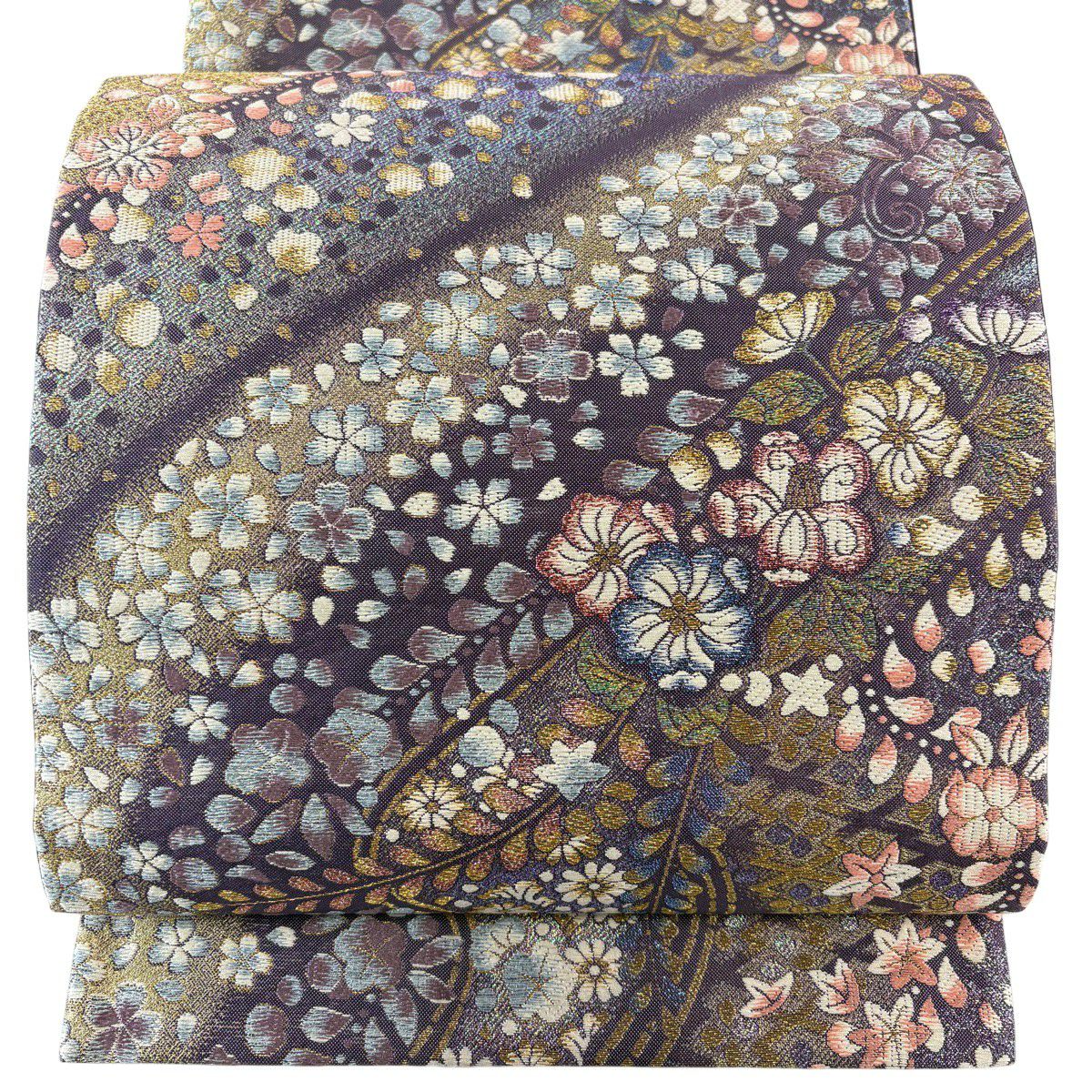 【美品】 袋帶 秀品級 大和 草花紋 松樹皮菱 金絲 金金箔 紫 六通 純蠶絲