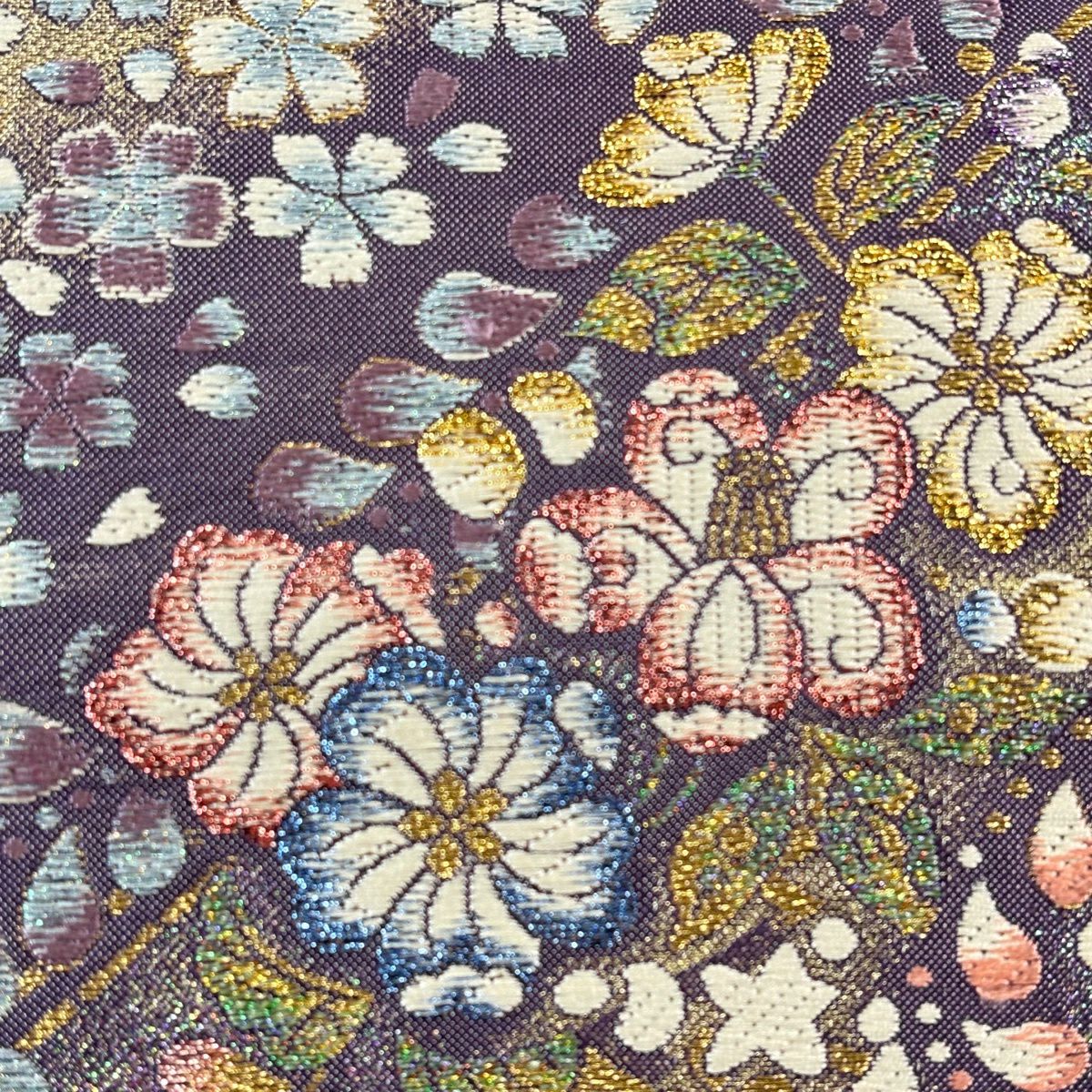 【美品】 袋帶 秀品級 大和 草花紋 松樹皮菱 金絲 金金箔 紫 六通 純蠶絲