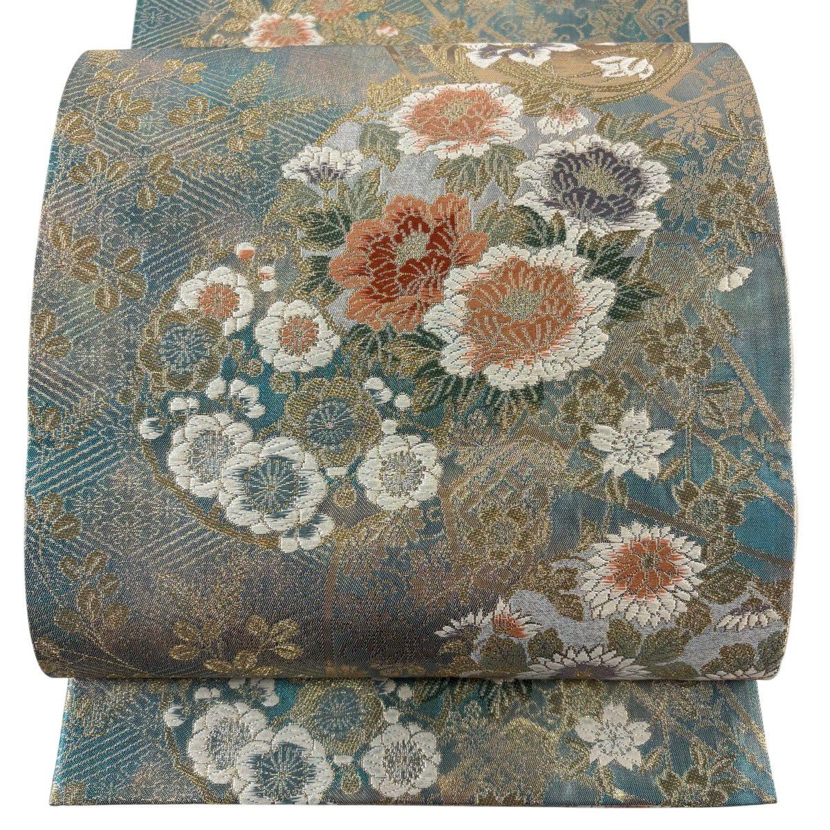 【美品】 袋帶 秀品級 花丸紋 金絲 金金箔 青綠 六通 純蠶絲