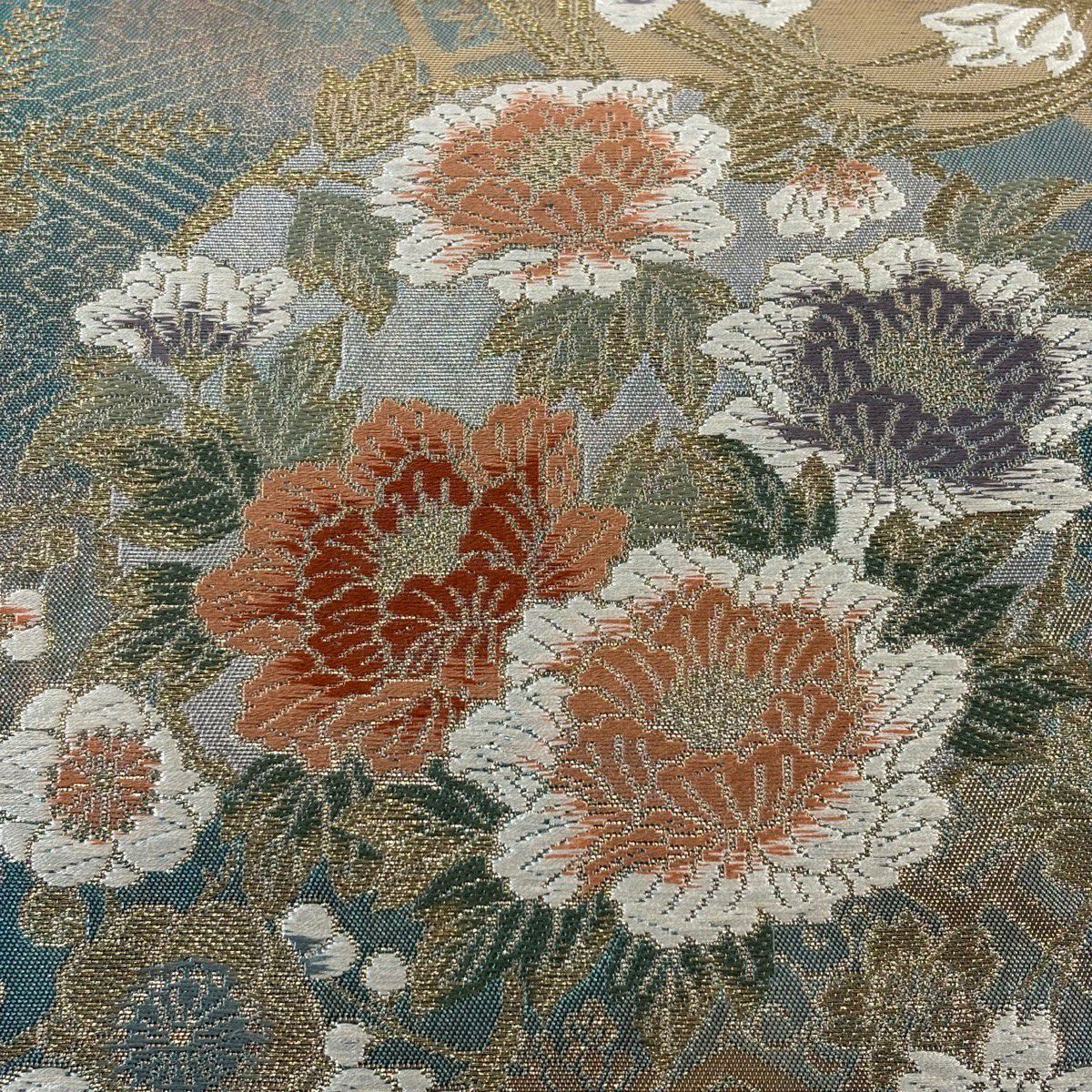 【美品】 袋帶 秀品級 花丸紋 金絲 金金箔 青綠 六通 純蠶絲