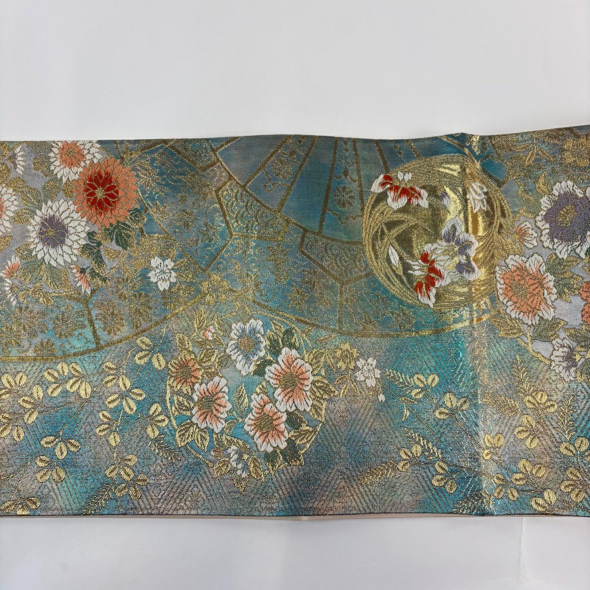 【美品】 袋帶 秀品級 花丸紋 金絲 金金箔 青綠 六通 純蠶絲