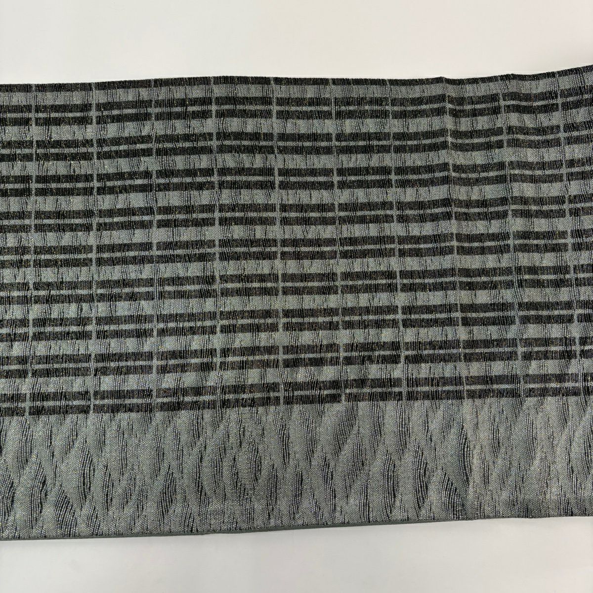 【美品】 袋帶 秀品級 證書齊全 縞紋 金絲 灰綠 六通 純蠶絲