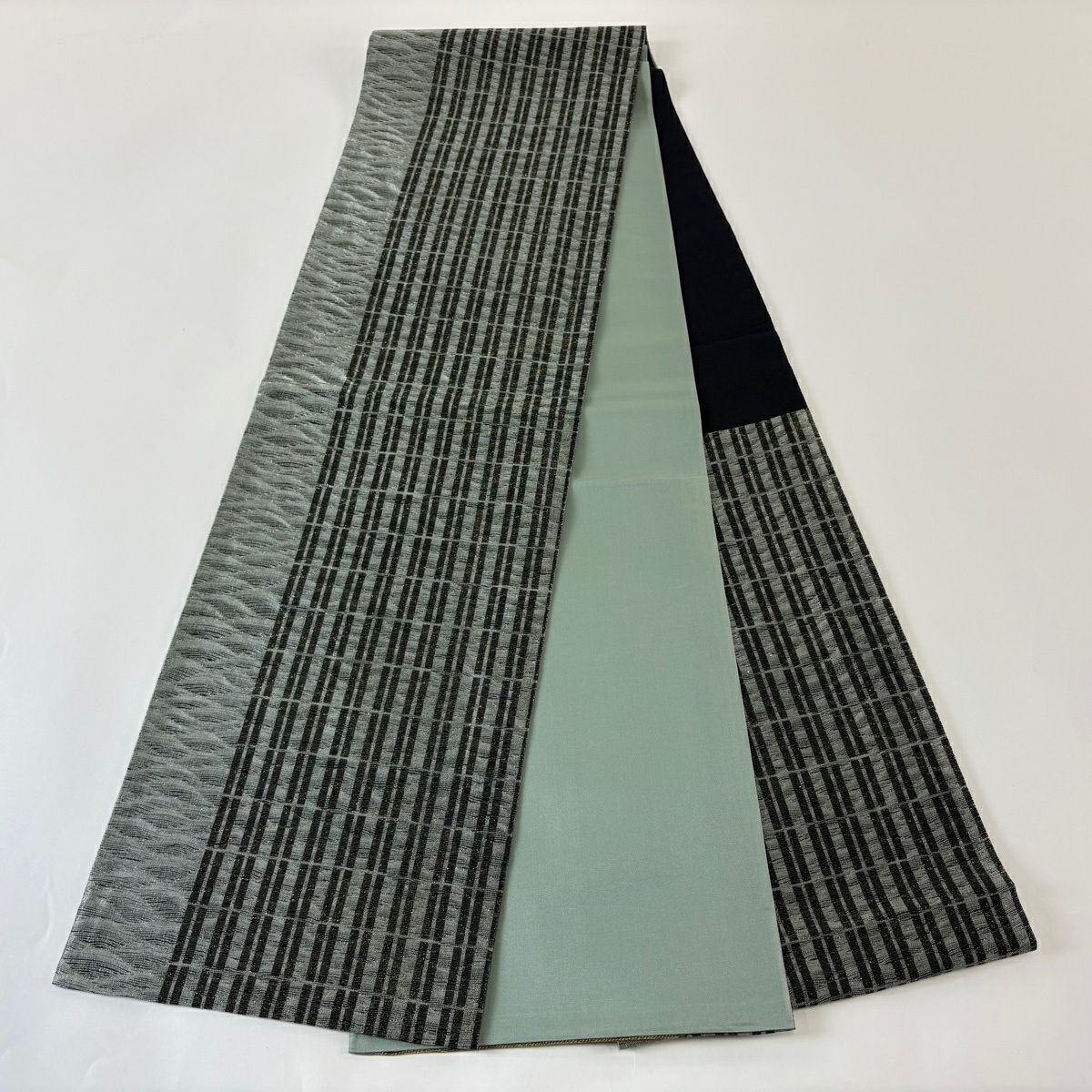 【美品】 袋帶 秀品級 證書齊全 縞紋 金絲 灰綠 六通 純蠶絲