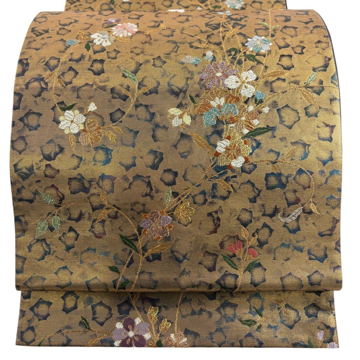 【美品】 袋帶 秀品級 草花紋紋 幾何學 金線 金金箔 金茶 六通 純蠶絲