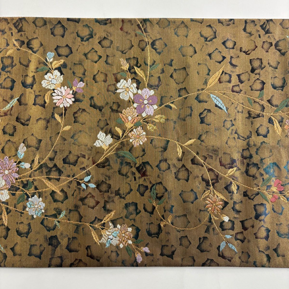 【美品】 袋帶 秀品級 草花紋紋 幾何學 金線 金金箔 金茶 六通 純蠶絲