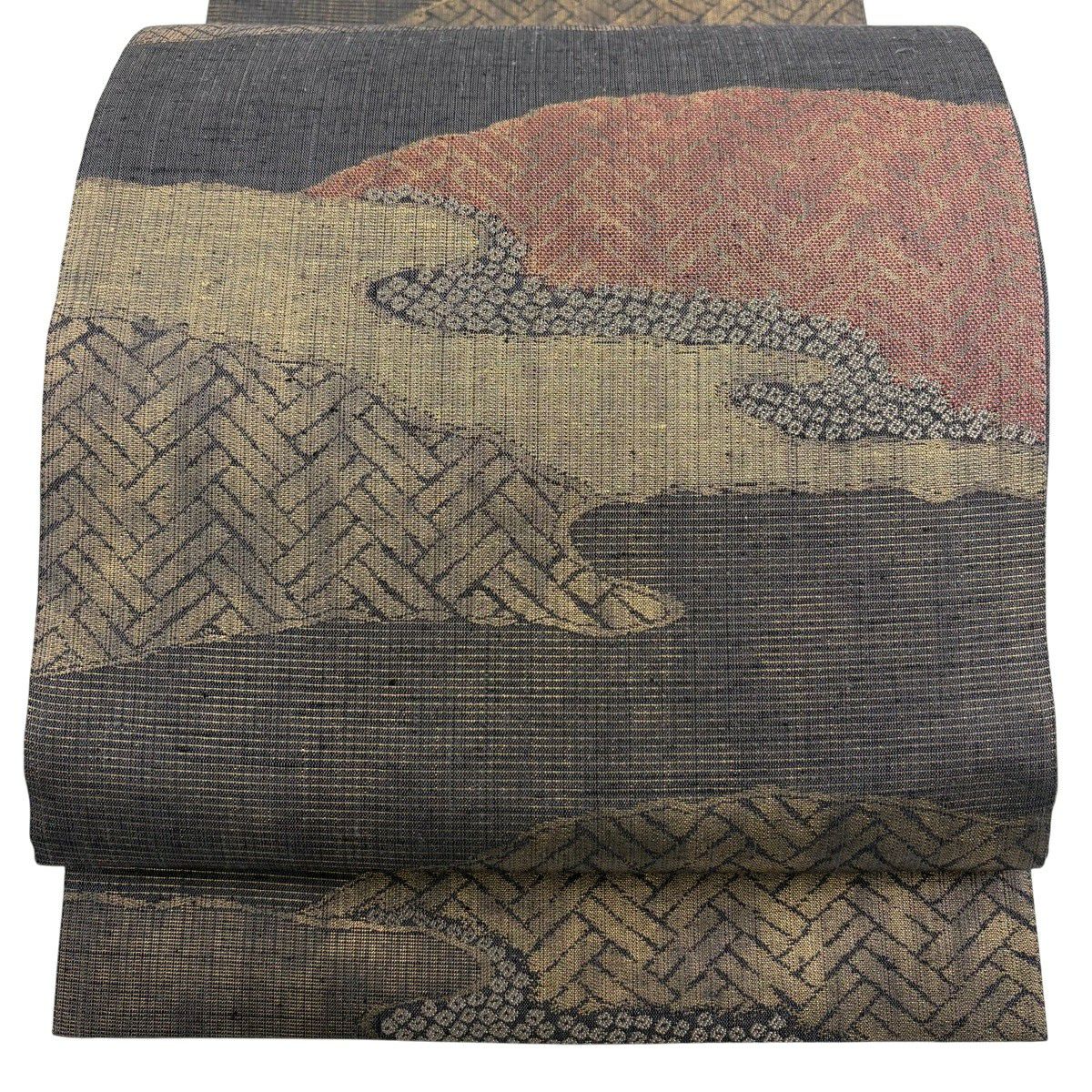 【美品】 袋帶 秀品級 霞 金金箔 焦茶 深藍 六通 純蠶絲