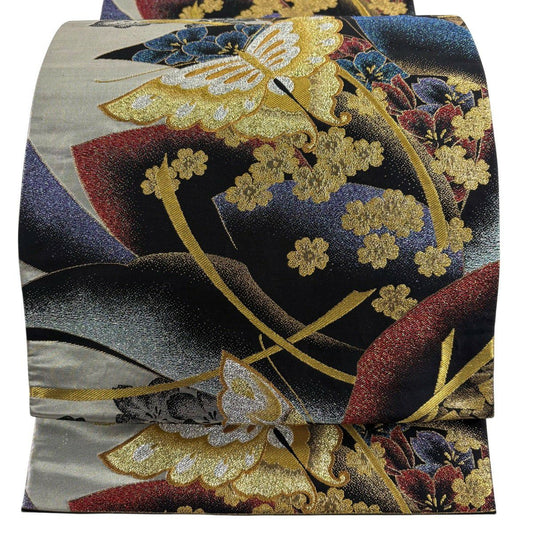 袋帶 秀品級 振袖禮服禮服用 蝴蝶 櫻花 金線 金金箔 黑灰 六通 純蠶絲