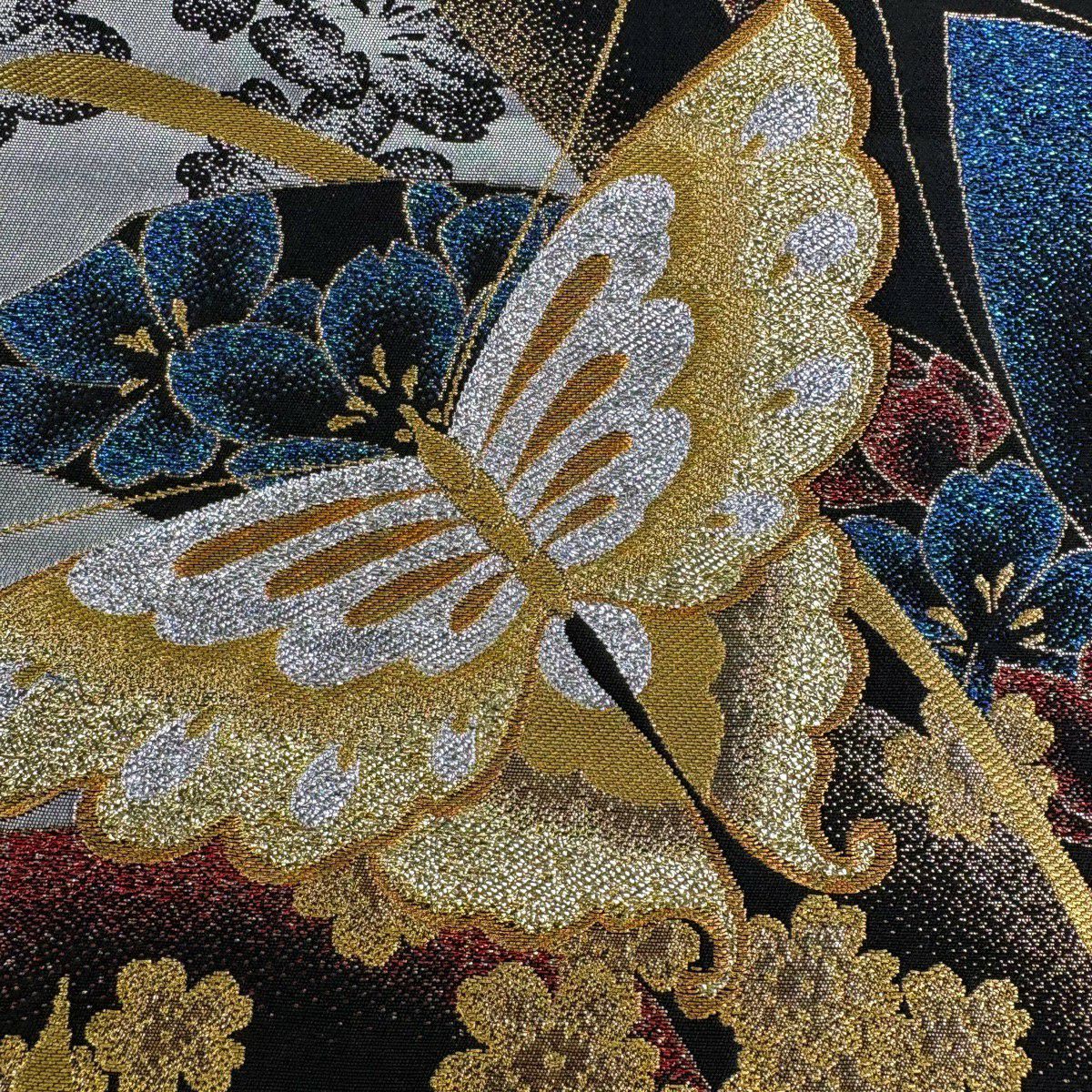 袋帶 秀品級 振袖禮服禮服用 蝴蝶 櫻花 金線 金金箔 黑灰 六通 純蠶絲