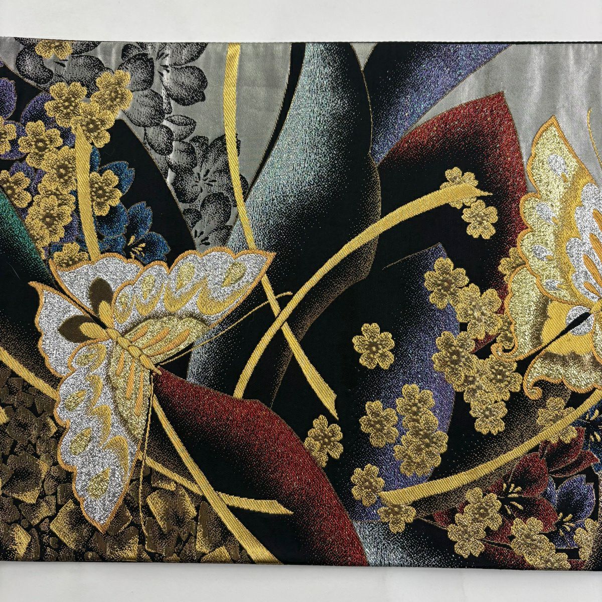 袋帶 秀品級 振袖禮服禮服用 蝴蝶 櫻花 金線 金金箔 黑灰 六通 純蠶絲
