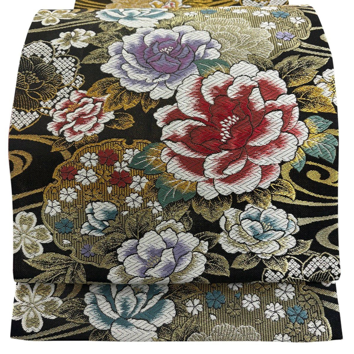 【美品】 袋帶 秀品級 振袖禮服禮服用 草花紋紋 流水 金絲 金金箔 金茶 六通 純蠶絲
