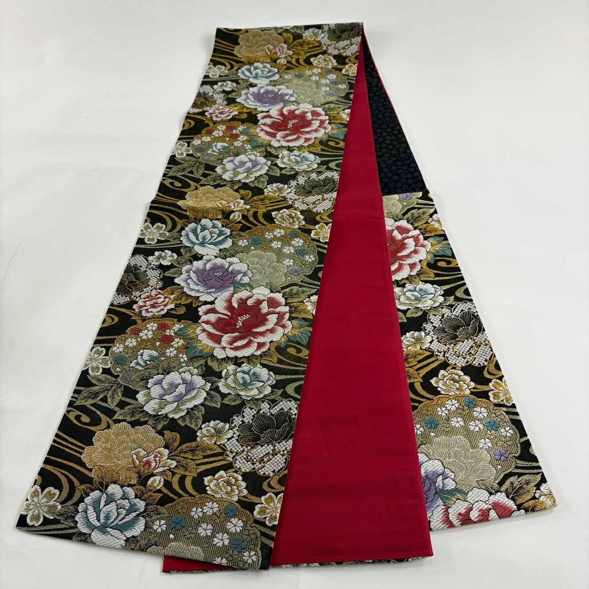 【美品】 袋帶 秀品級 振袖禮服禮服用 草花紋紋 流水 金絲 金金箔 金茶 六通 純蠶絲