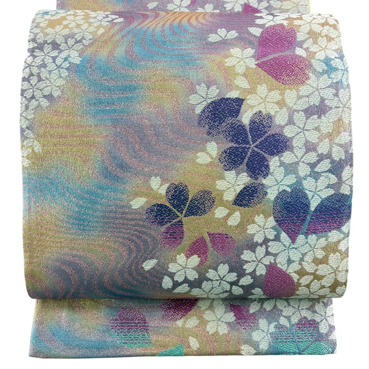 【美品】 袋帶 秀品級 振袖禮服禮服用 櫻花 流水 金金箔 淺紫 六通 純蠶絲