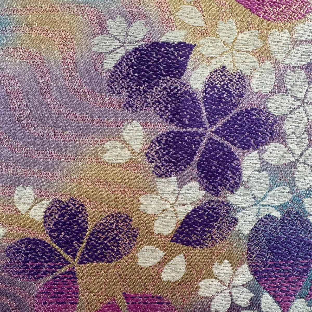 【美品】 袋帶 秀品級 振袖禮服禮服用 櫻花 流水 金金箔 淺紫 六通 純蠶絲
