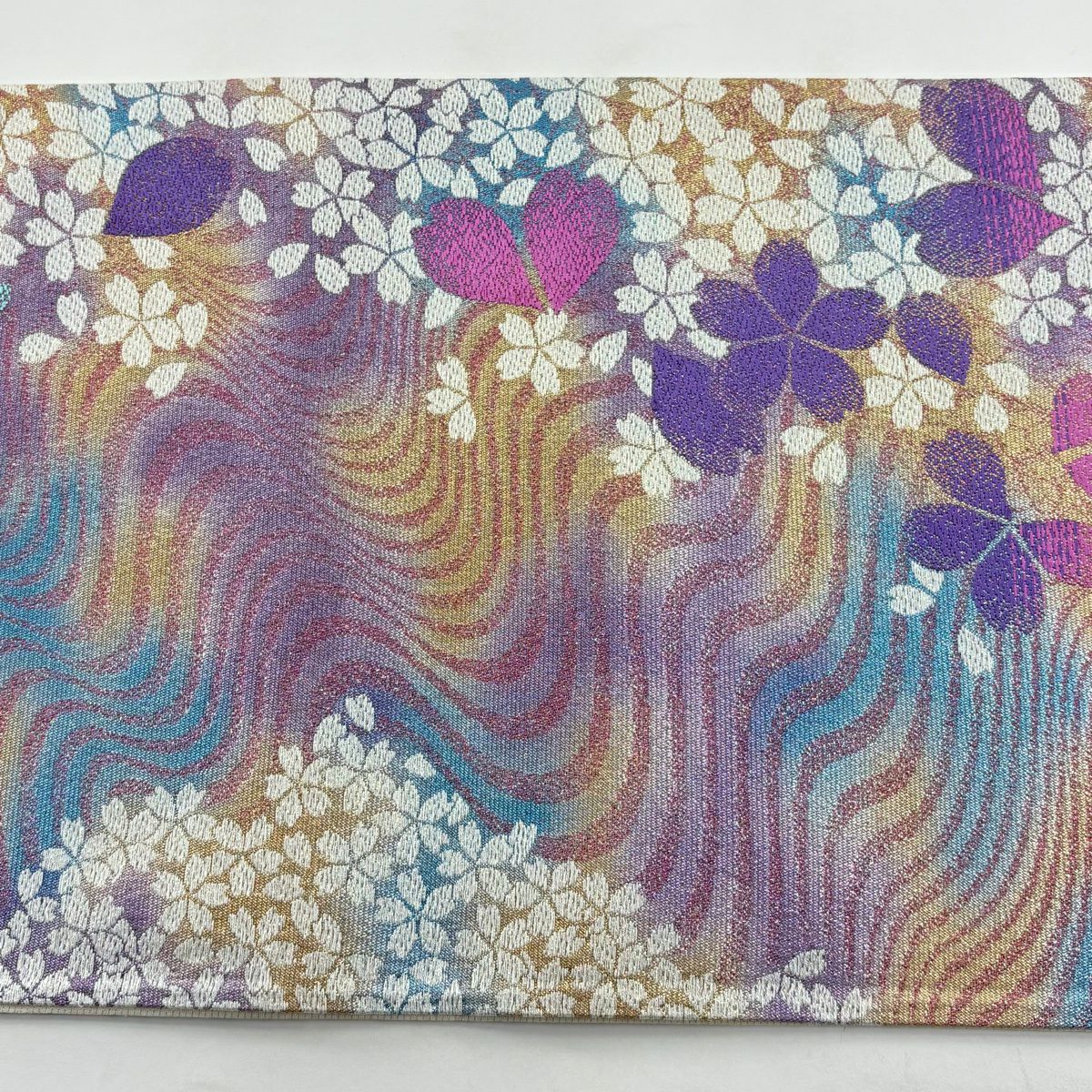 【美品】 袋帶 秀品級 振袖禮服禮服用 櫻花 流水 金金箔 淺紫 六通 純蠶絲