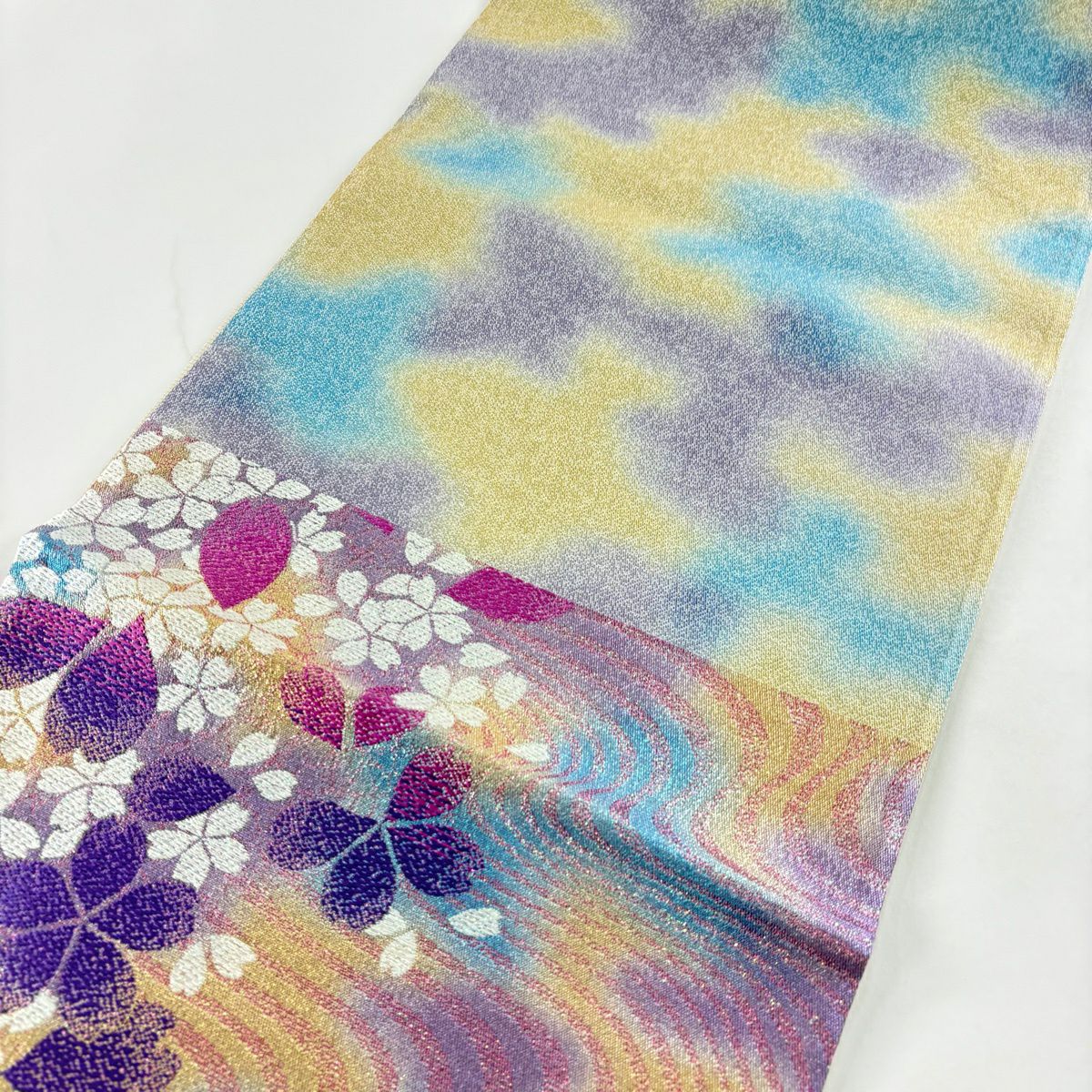 【美品】 袋帶 秀品級 振袖禮服禮服用 櫻花 流水 金金箔 淺紫 六通 純蠶絲