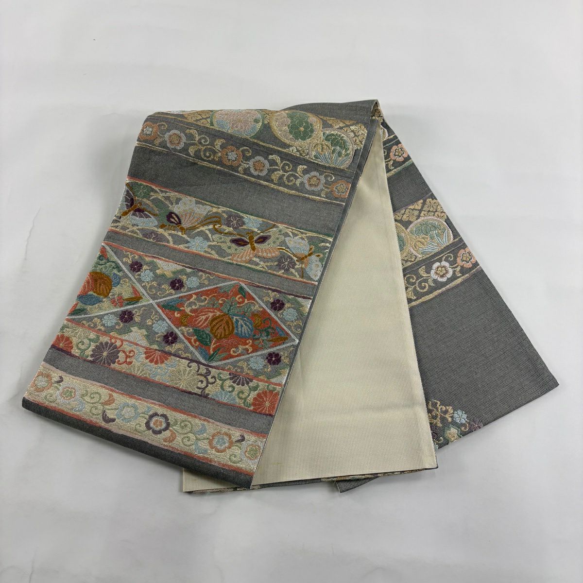 袋帶 秀品級 桐 蝶 金金箔 灰 深藍色 正蠶絲