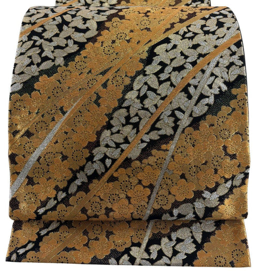 【美品】 袋帶 優品級 振袖禮服禮服用 櫻花 梅花花 金絲 金金箔 金 六通 純蠶絲
