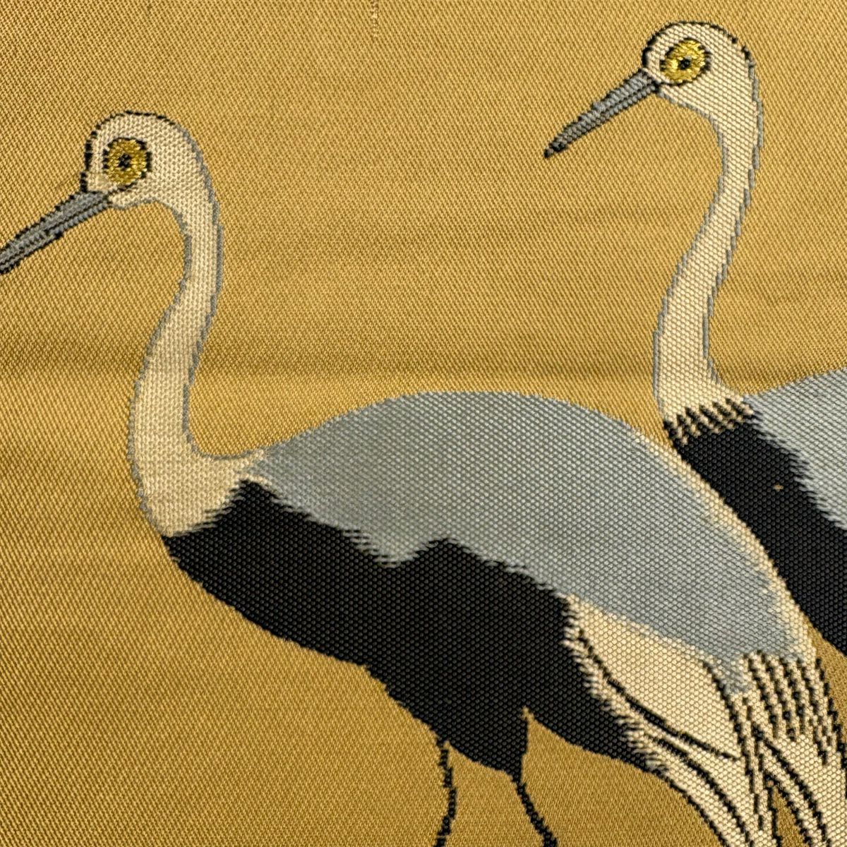袋帶 秀品級 附有落款 鳥 文字紋 黃土色 大鼓圖案 純蠶絲