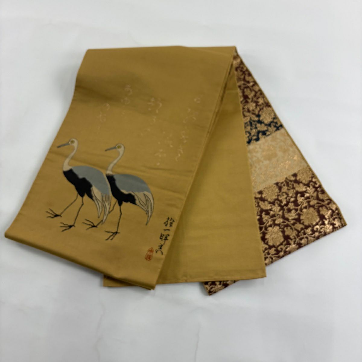 袋帶 秀品級 附有落款 鳥 文字紋 黃土色 大鼓圖案 純蠶絲