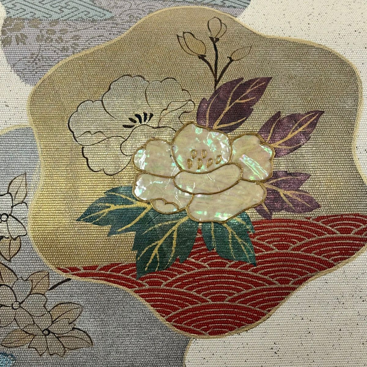 名古屋帶 秀品級 草花紋紋 青海波 螺鈿 金銀彩 米色 純蠶絲