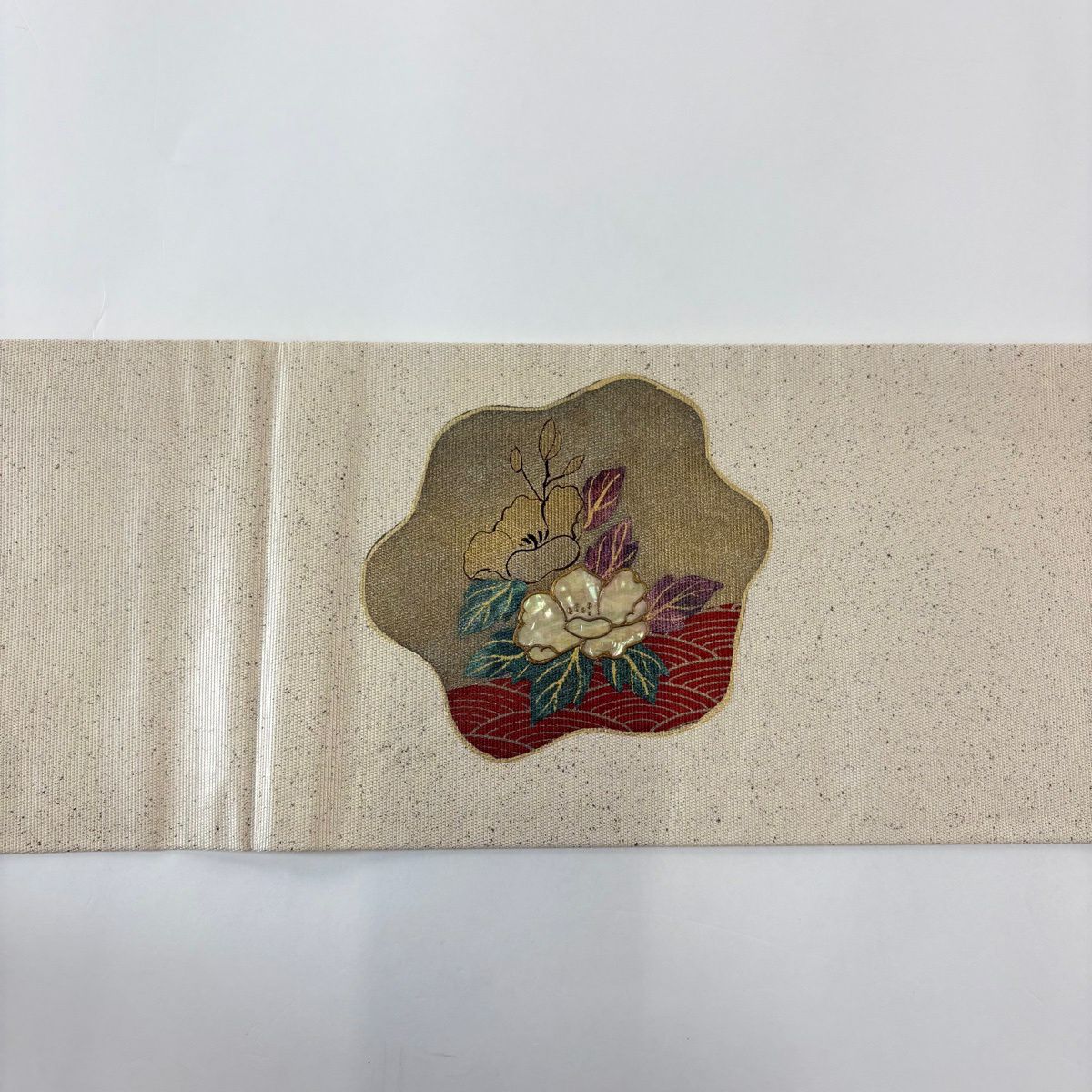 名古屋帶 秀品級 草花紋紋 青海波 螺鈿 金銀彩 米色 純蠶絲