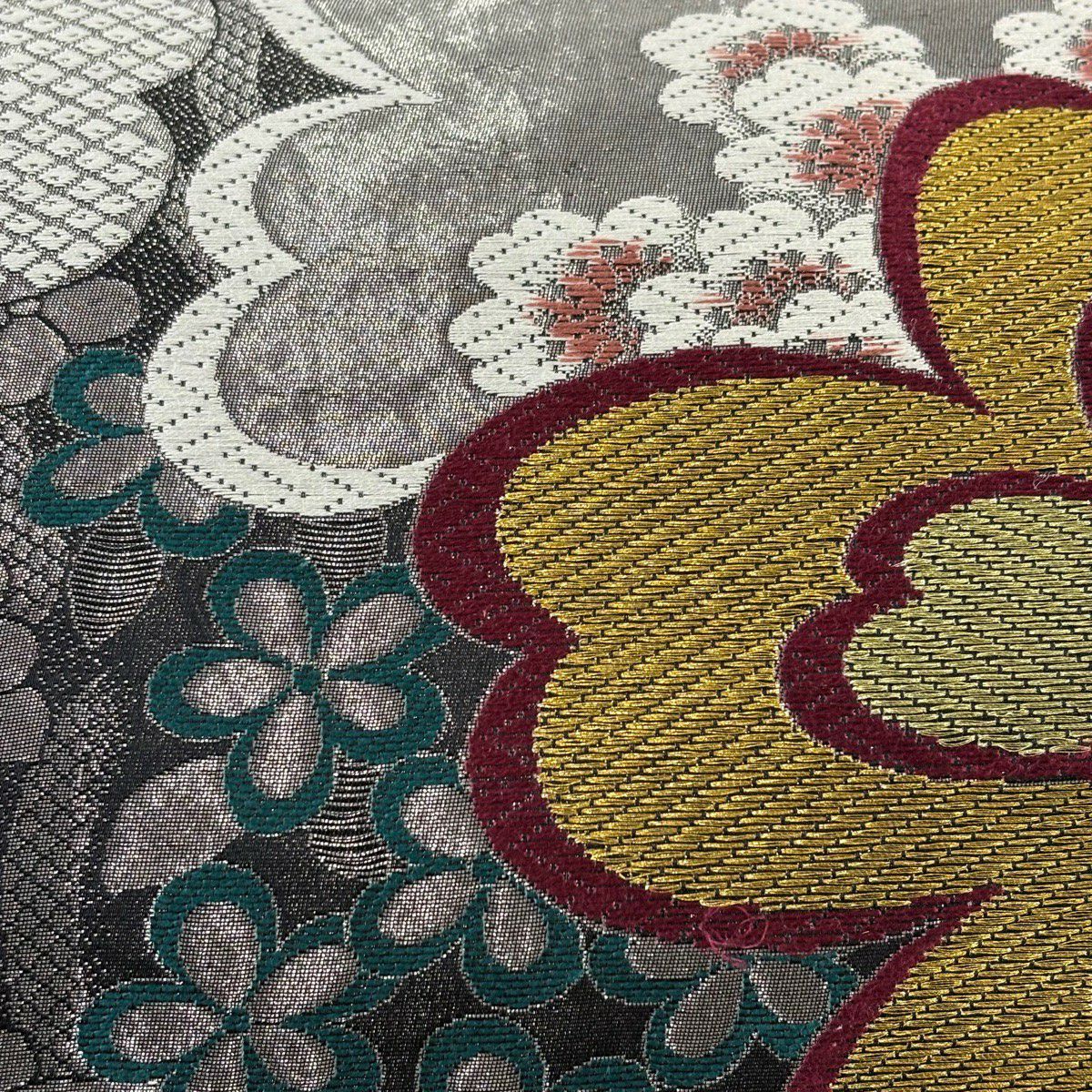 【美品】 袋帶 秀品級 振袖禮服禮服用 櫻花 梅花花 金銀彩 金金箔 銀色 六通 純蠶絲