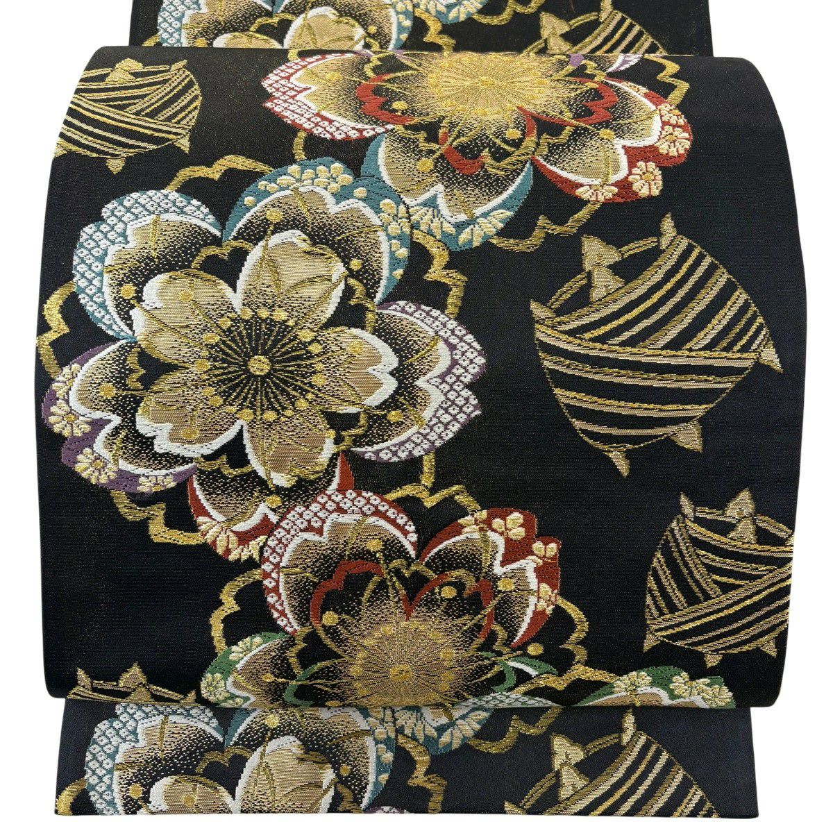 【美品】 袋帶 秀品級 櫻花 線圈 金絲 金金箔 黑 六通 純蠶絲