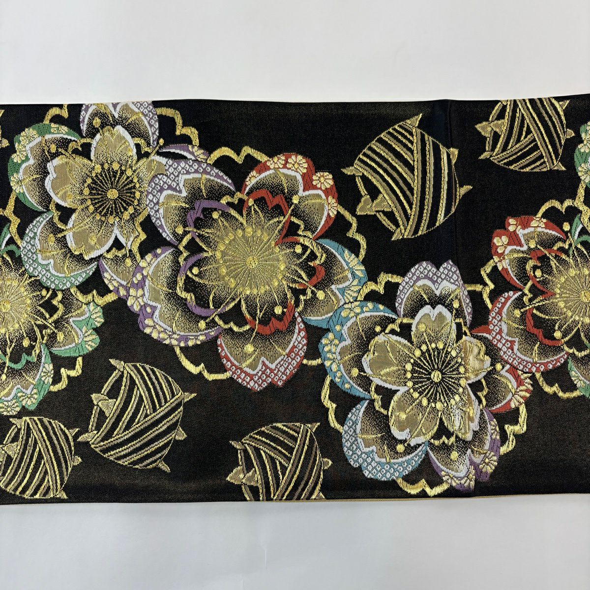 【美品】 袋帶 秀品級 櫻花 線圈 金絲 金金箔 黑 六通 純蠶絲