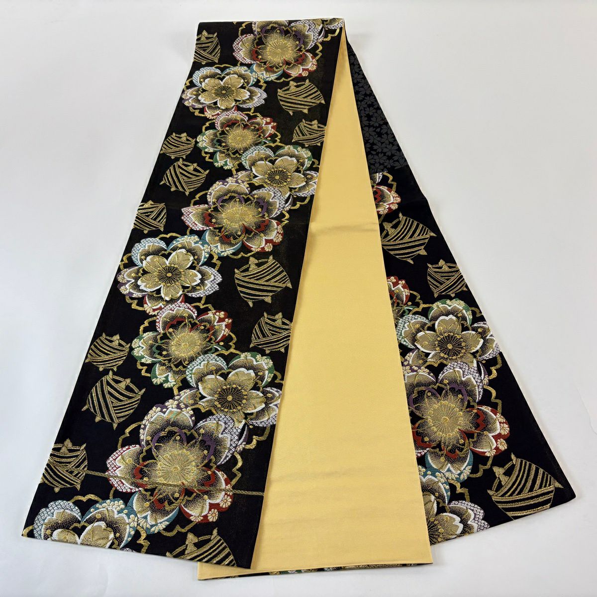 【美品】 袋帶 秀品級 櫻花 線圈 金絲 金金箔 黑 六通 純蠶絲