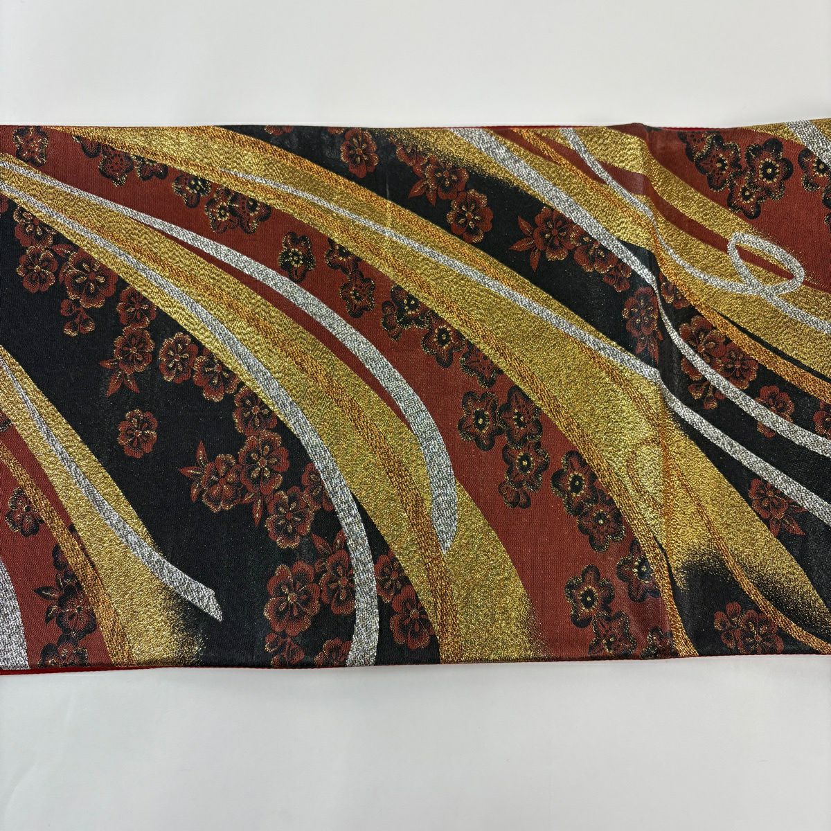 【美品】 袋帶 秀品級 樱花 幾何圖案 金金箔 黑 六通 純蠶絲