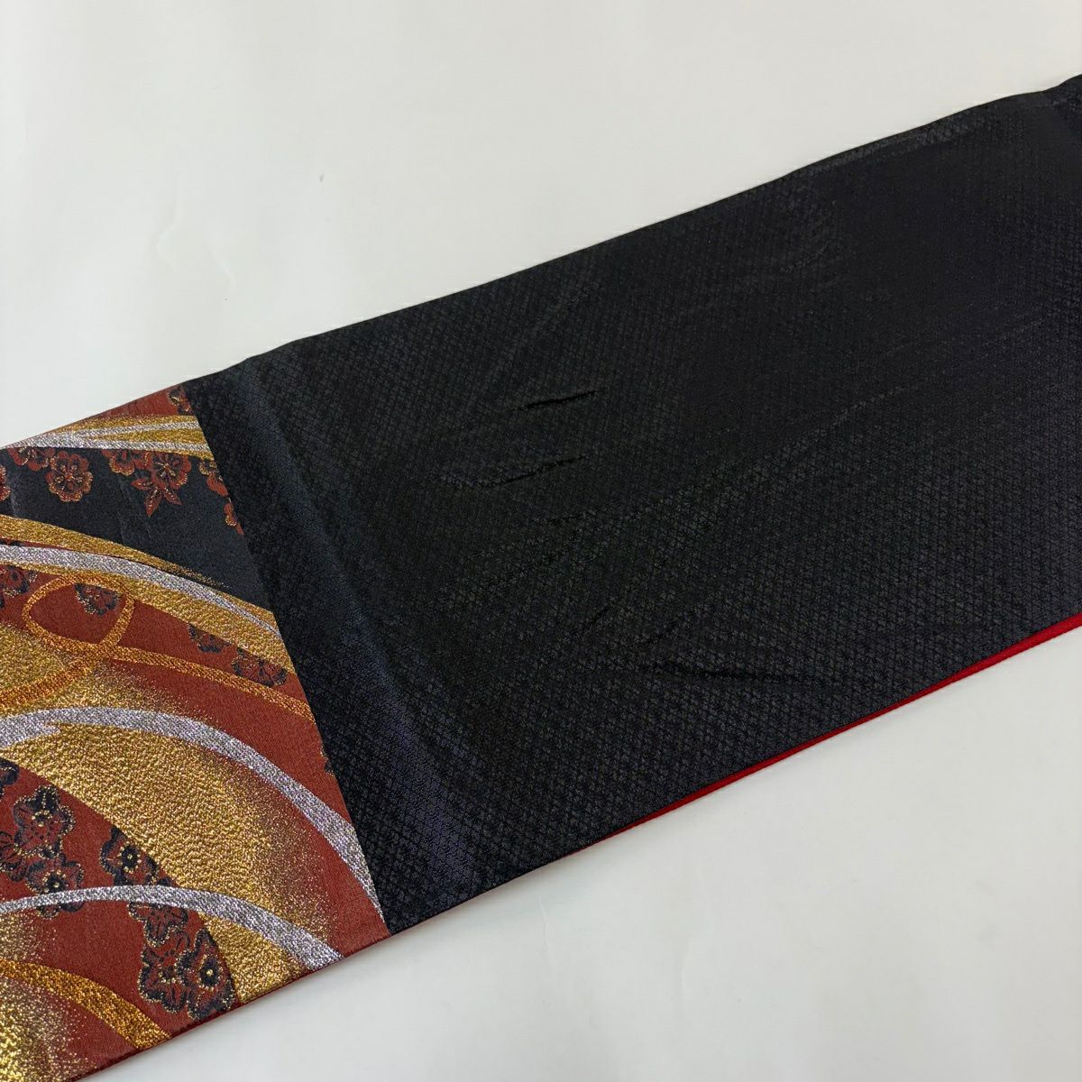 【美品】 袋帶 秀品級 樱花 幾何圖案 金金箔 黑 六通 純蠶絲