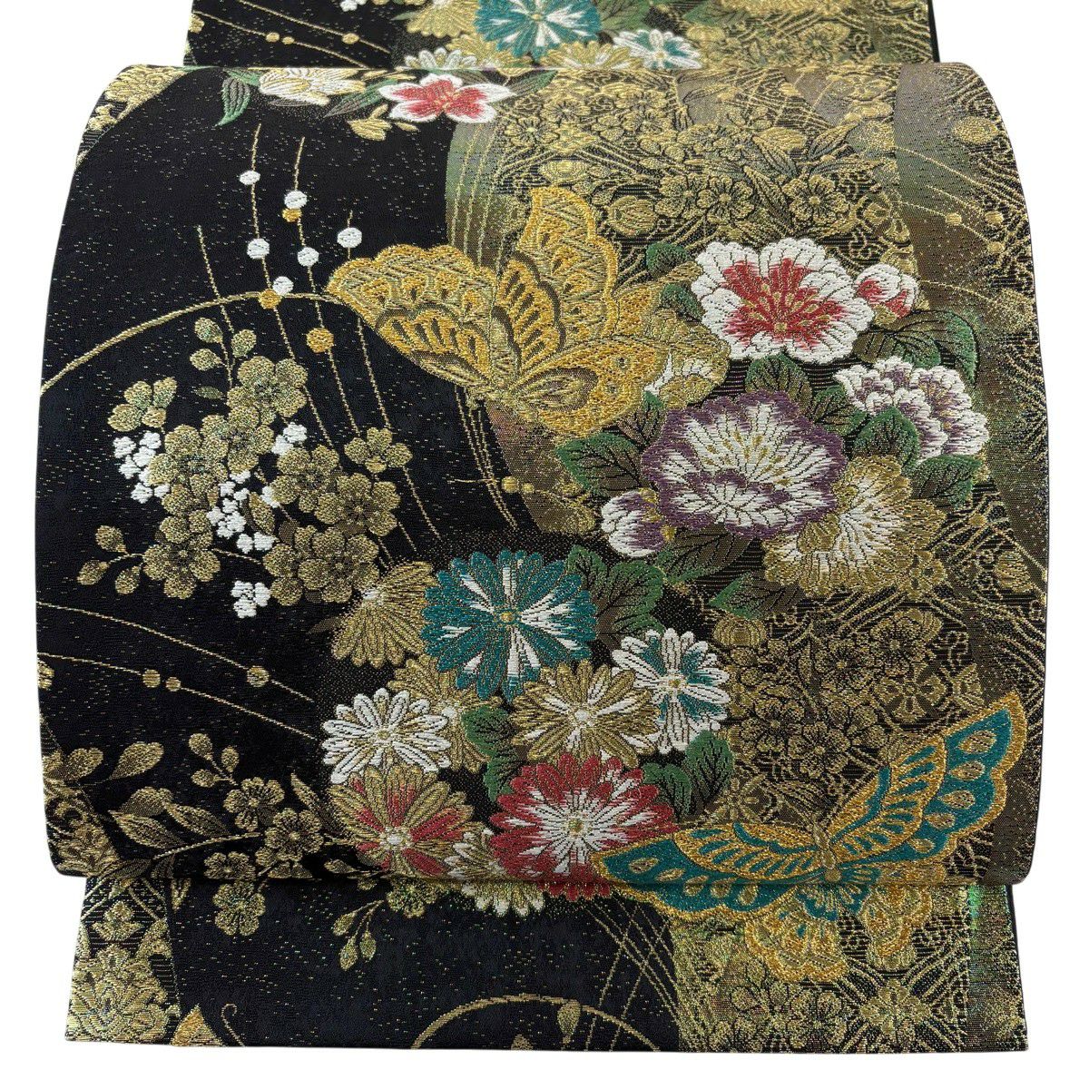 【美品】 袋帶 秀品級 振袖禮服禮服用 花丸紋 蝴蝶 金絲 金金箔 黑 六通 純蠶絲