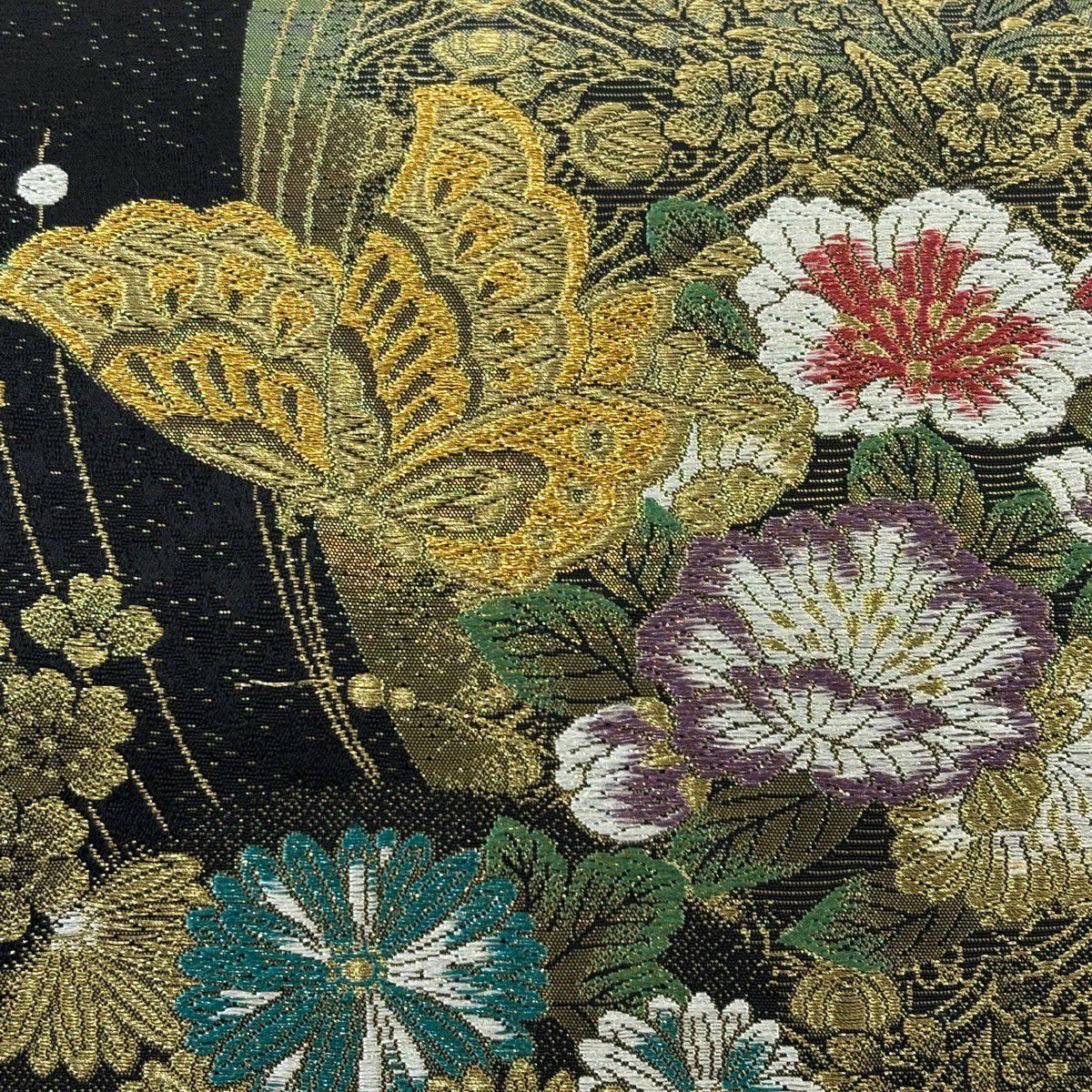 【美品】 袋帶 秀品級 振袖禮服禮服用 花丸紋 蝴蝶 金絲 金金箔 黑 六通 純蠶絲